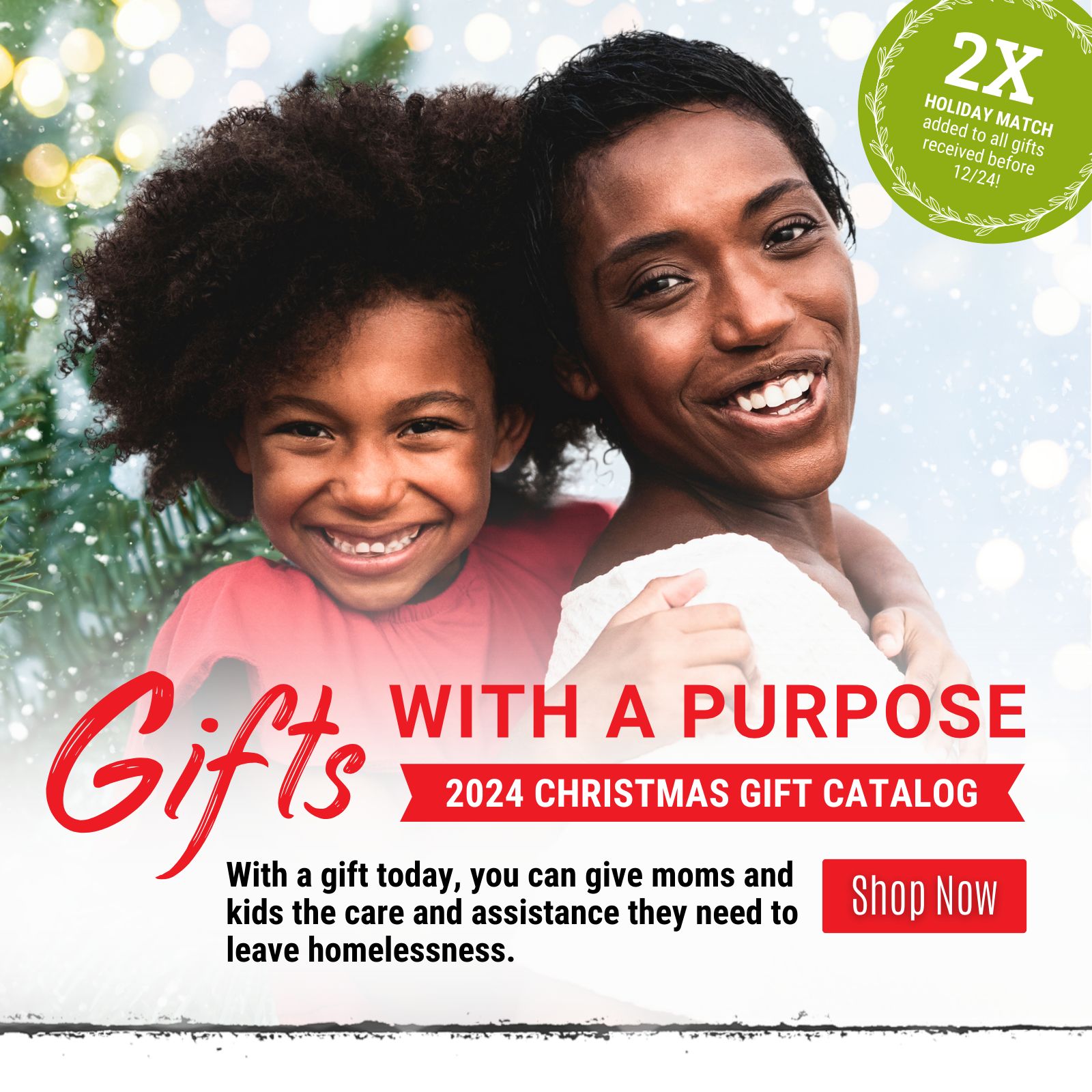 Smiling child hugging smiling mom in front of a wintery background, Vine Maple Place, 2024 Christmas Gift Catalog, ending homelessness in King County. 