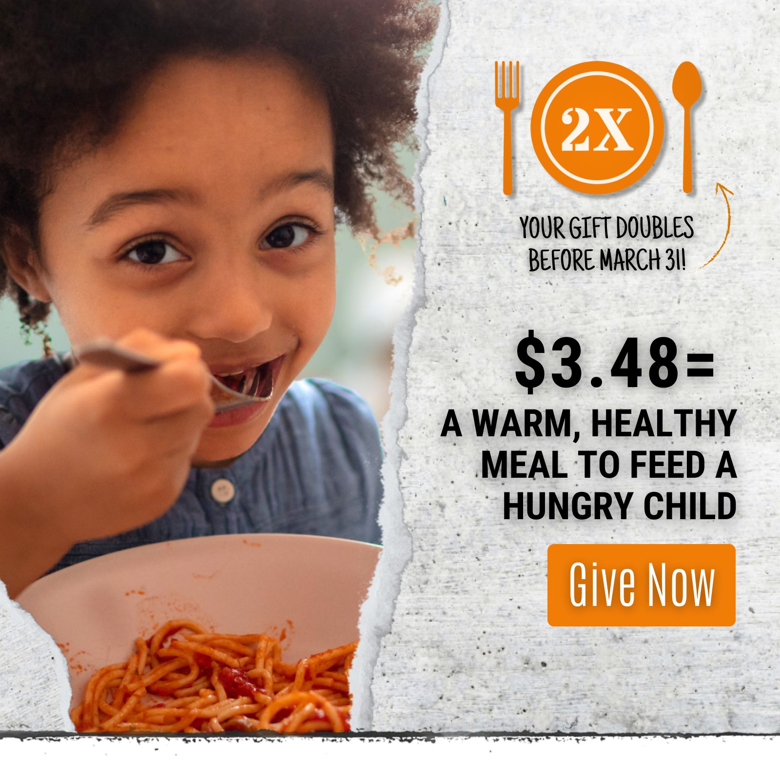 A child eating a meal with the words $3.48 provides a warm healthy meal for a hungry child.