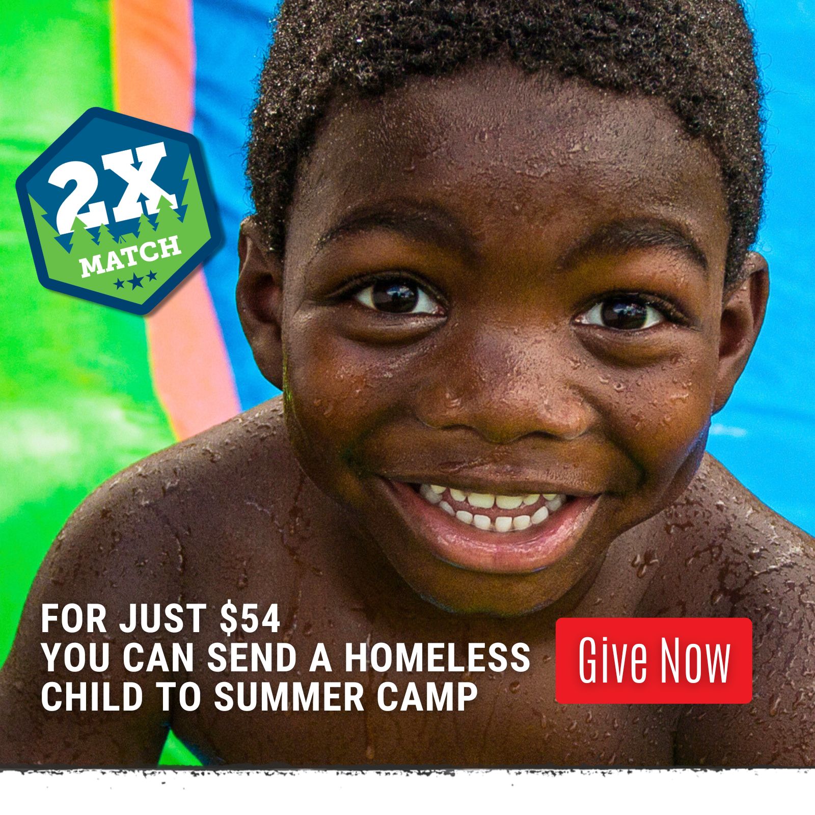 Smiling kid at summer camp with the words 