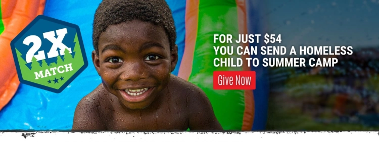 Smiling kid at summer camp with the words 