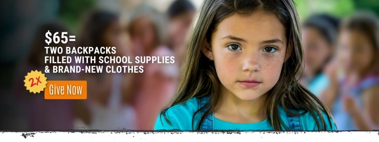 A young school girl for a Vine Maple Place back-to-school fundraiser campaign that reads 