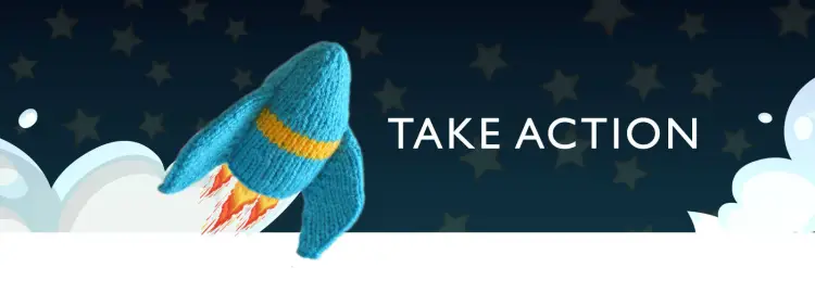 Page title Take Action with a knitted rocket ship taking off