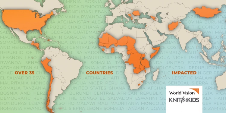 A map highlighting the 34 counties that Knit for Kids impacts with their knitting donations.