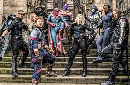 Group of people cosplaying the Avengers