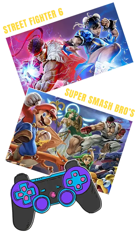 Photo of Street Fighter 6 Characters fighting with a seperate photo of a group of the character from super smash bro's and a controler
