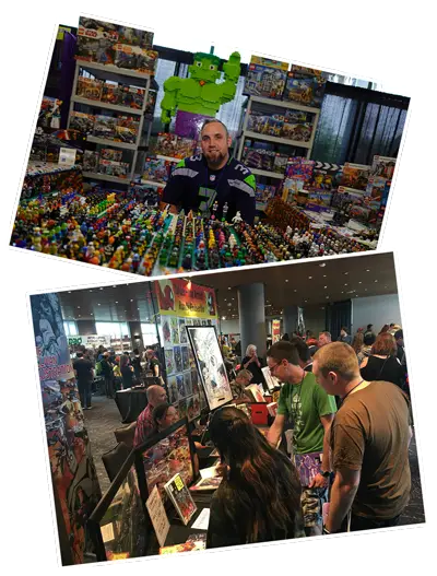 Two photos at angles, one of the vendor hall at kingcon, the other of a vendor selling lego characters