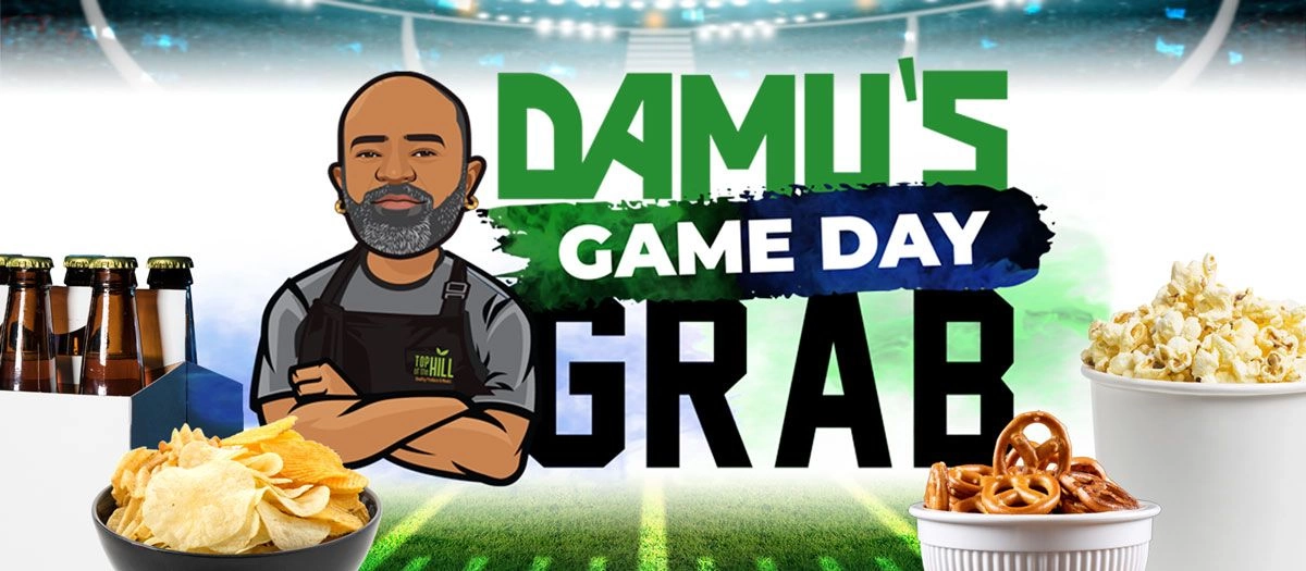 caricature of Damu with snacks for the game day grab video