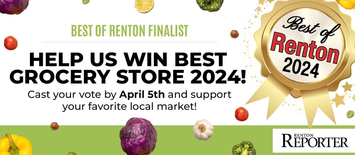 Best of Renton Finalist Ribbon with Fruit and veggies in the background