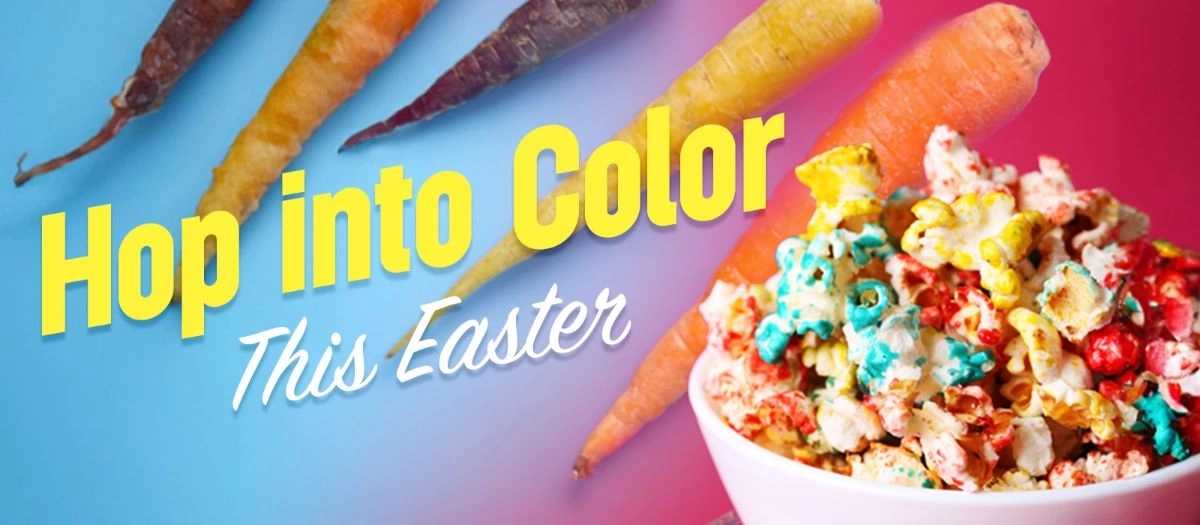 Rainbow carrots and colored popcorn with words: hop into color this Easter