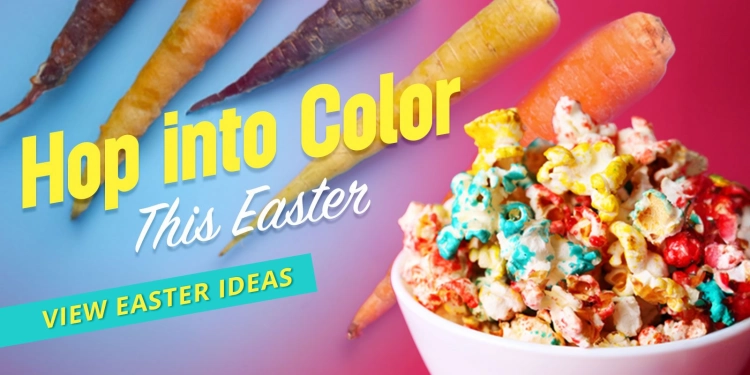 Rainbow carrots and bowl of colorful popcorn with words: Hop Into Color This Easter