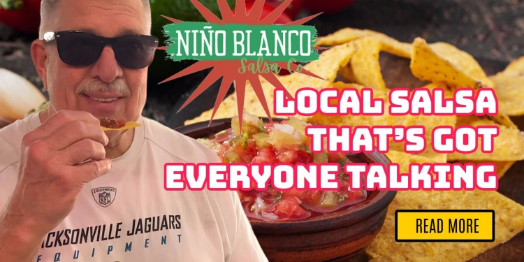 Nino Blanco Salsa with the text Local Salsa That’s Got Everyone Talking, and a customer smiling with the salsa on a chip ready to take a bite.