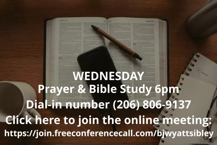 Wednesday Prayer and Bible Study 6pm
Dial-in number (206)806-9137 
Click here to join the online meeting:https://join.freeconferencecall.com/bjwyattsibley
