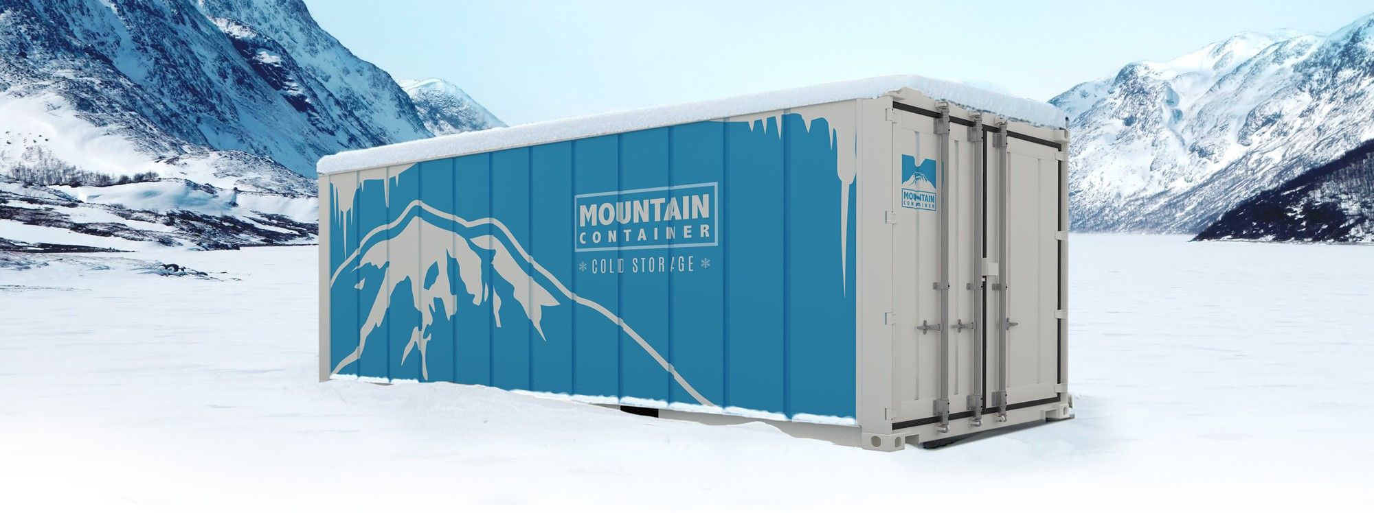 Mountain Container Cold Storage in the snow with mountain backdrop