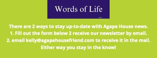 Sign up for our newsletter 2 ways!
Fill out the form below for the newsletter to be emailed to you, or email kelly@agapehousefriend.com to sign up for it to be mailed to you. Either way you will stay up-to-date on all the news at Agape House!