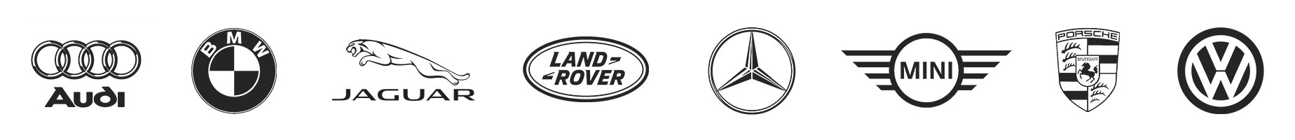Black and white logos of European car manufacturers: Audi, BMW, Jaguar, Land Rover, Mercedes, Mini Cooper, Porsche and VW.