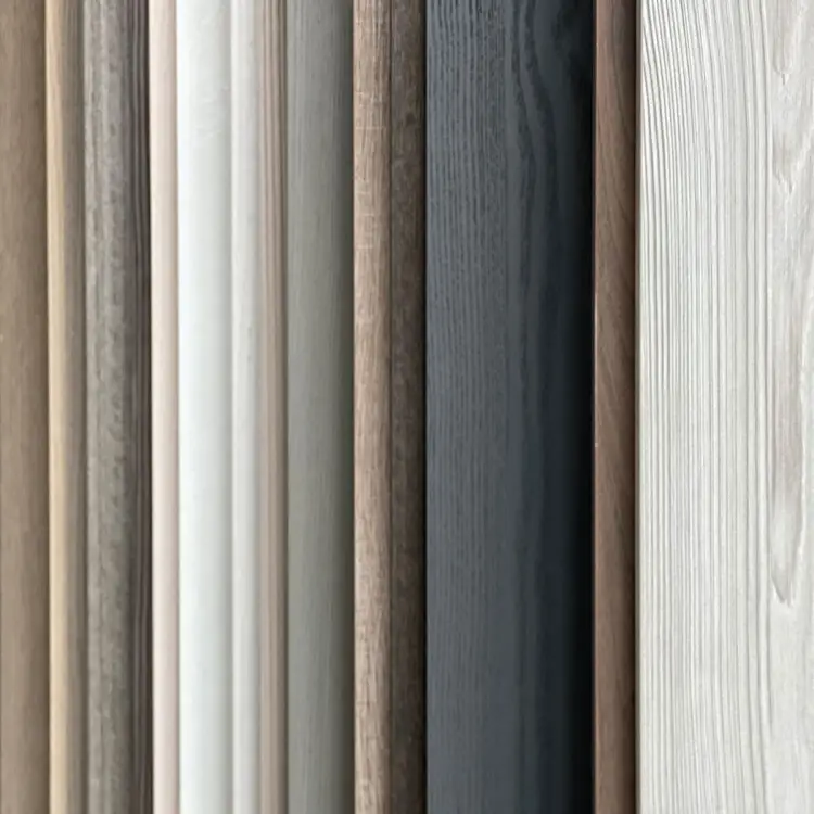 Examples of different color wood samples from white, blue, green and shades of brown. 