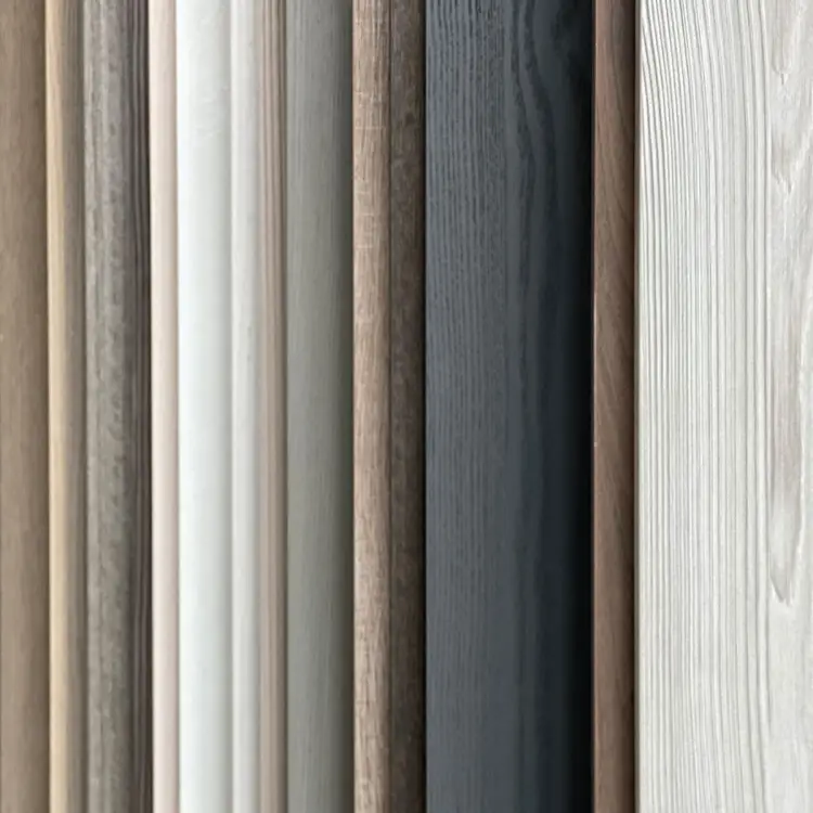 Examples of different color wood samples from white, blue, green and shades of brown.