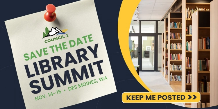 Flyer for the Council 2 Library Summit in Des Moines, WA, on November 14-15, 2025.