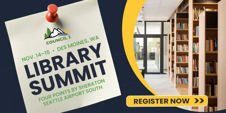 Flyer for the Council 2 Library Summit in Des Moines, WA, on November 14-15, 2025.